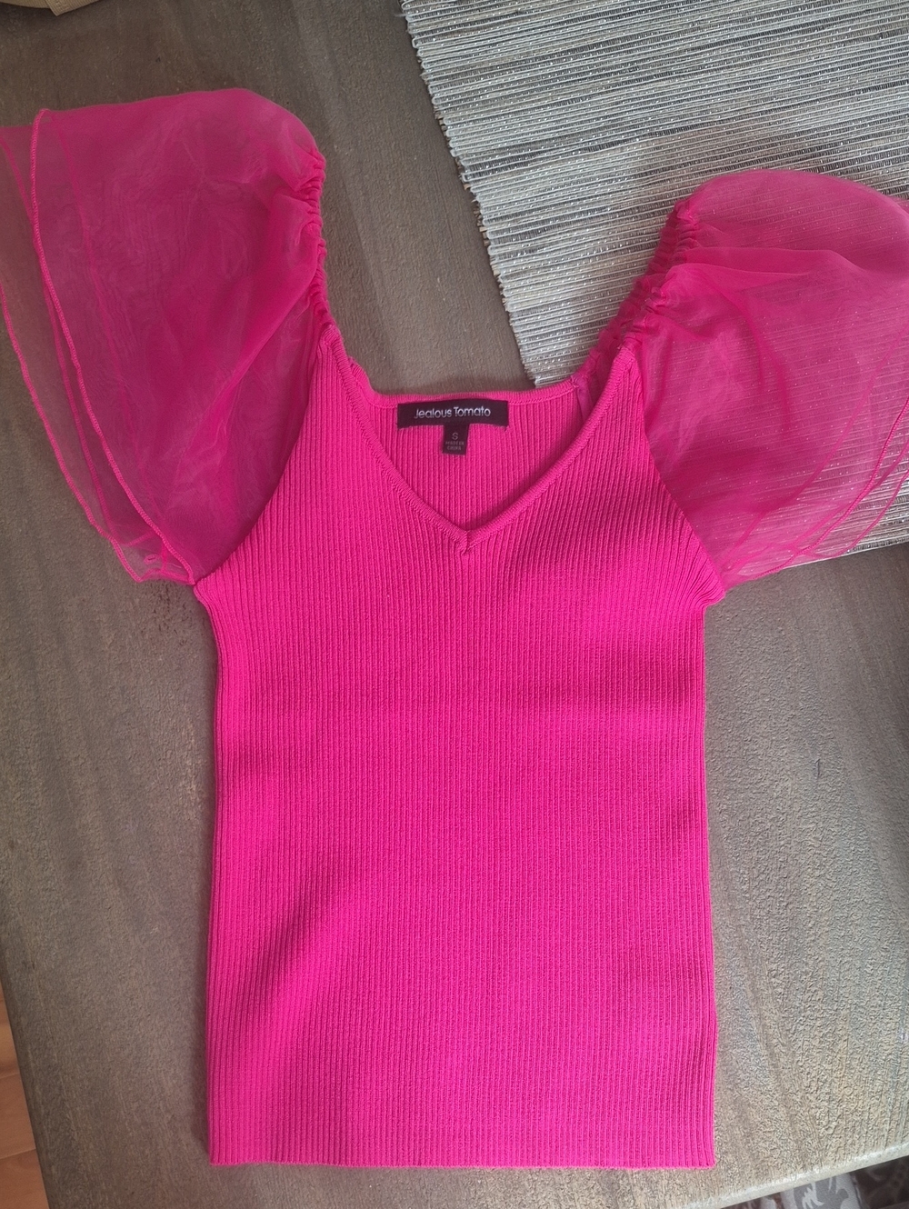 Jealous Tomato Neon Pink Puff-Sleeve Ribbed Top